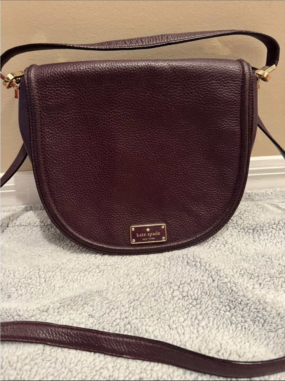 kate spade Plum Leather Crossbody Saddle Bag with Gold Plaque